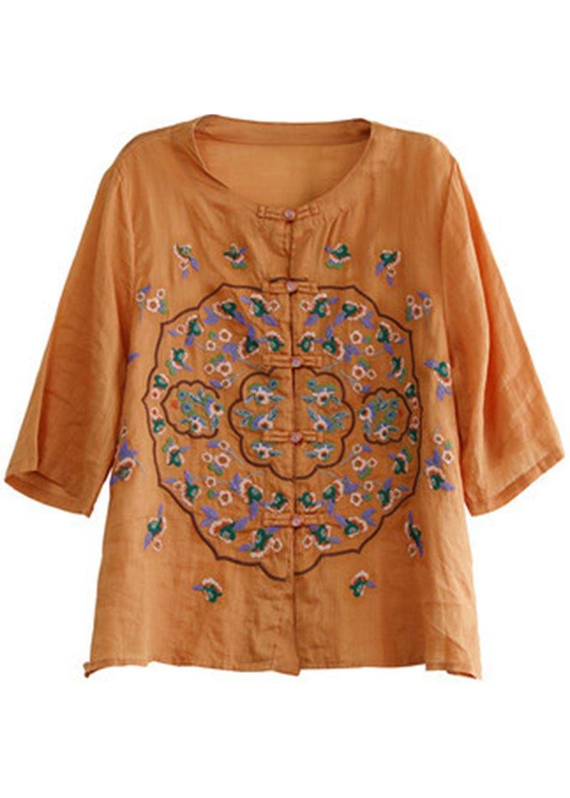 Orange Embroidered Oriental Ramie Top Summer