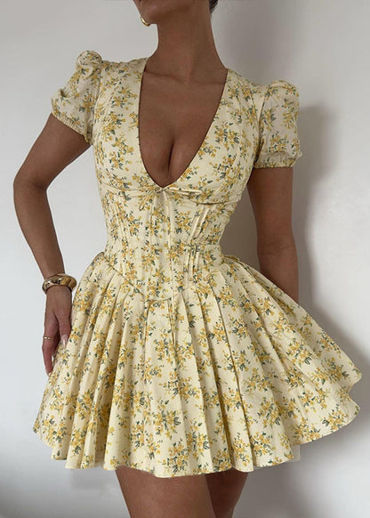French Yellow Puff Sleeve Print Wrinkled Short Dress