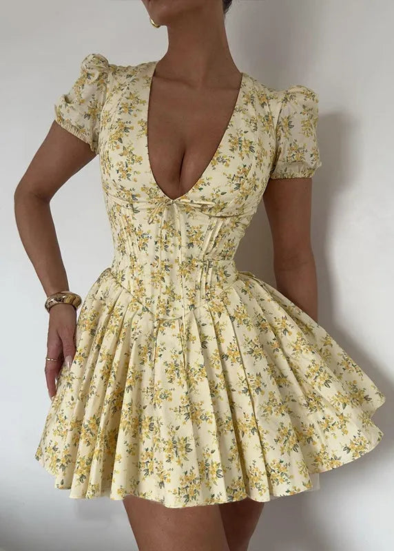 French Yellow Puff Sleeve Print Wrinkled Short Dress
