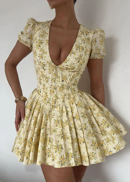 French Yellow Puff Sleeve Print Wrinkled Short Dress