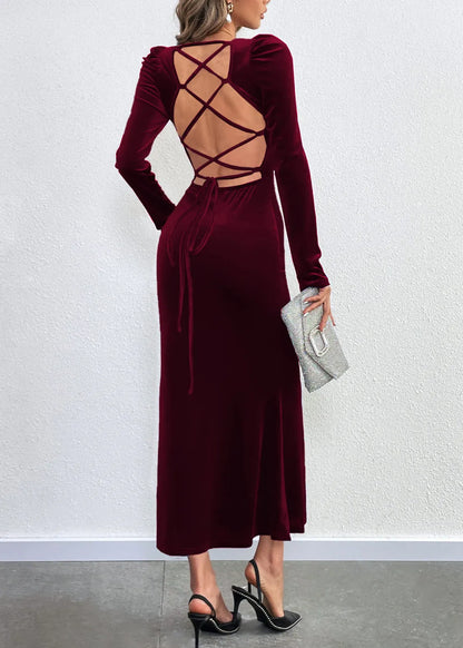 Mulberry Square Collar Backless Velvet Dresses Fall
