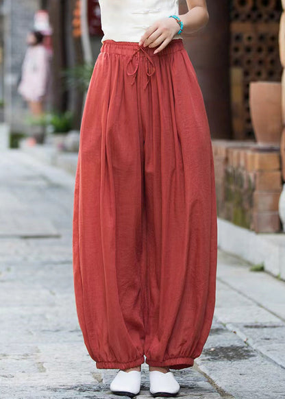Rust Lace Up Linen Crop Pants Elastic Waist