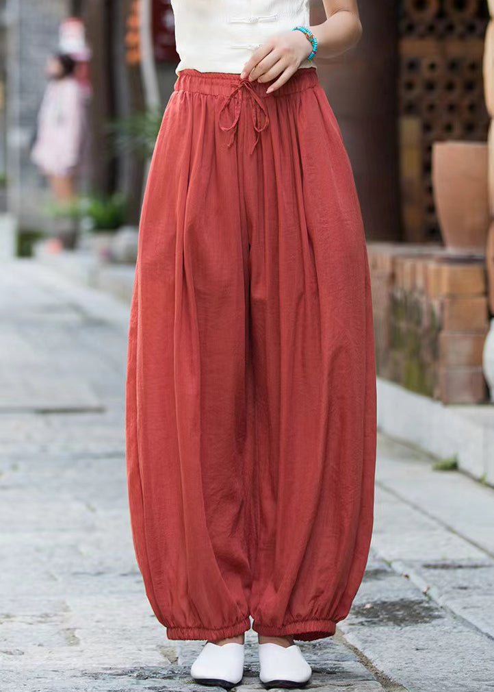 Rust Lace Up Linen Crop Pants Elastic Waist