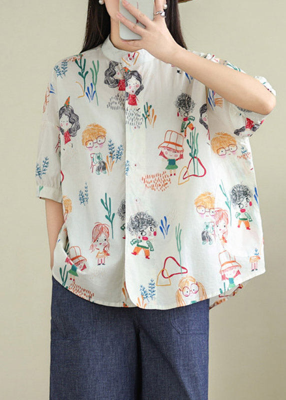 White Print Button Shirts Summer