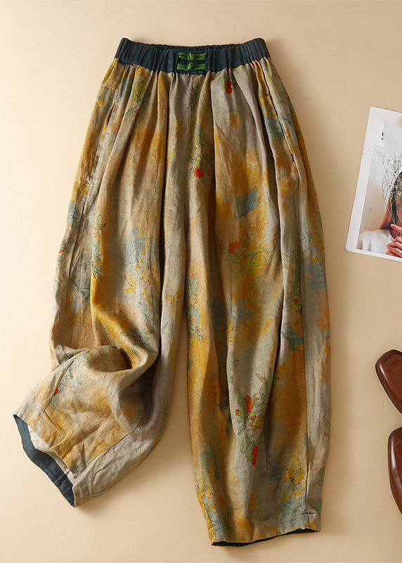 Green Pockets Elastic Waist Print Harem Pants Summer