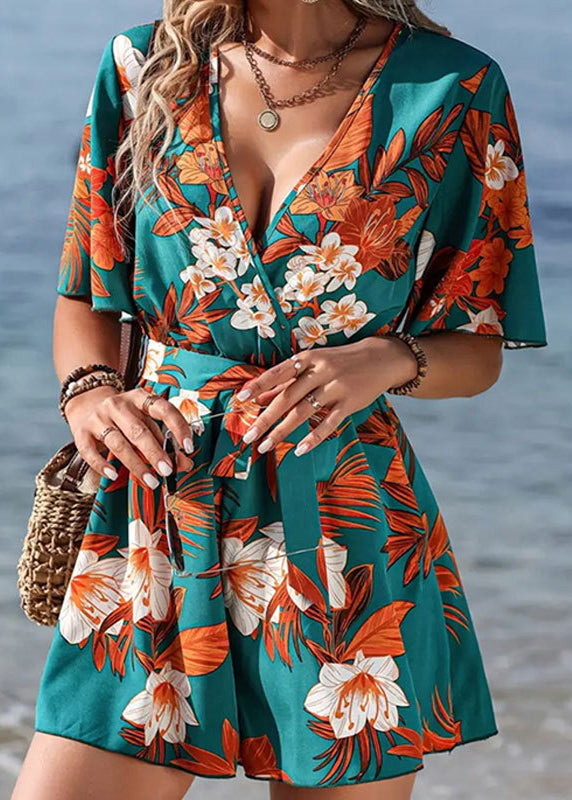 Green V Neck Print Lace Up Cotton Jumpsuit Butterfly Sleeve