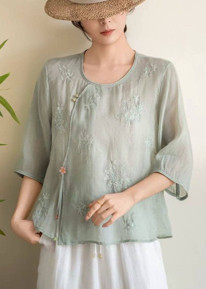 Rose O Neck Embroidered Linen Shirt Tops Bracelet Sleeve