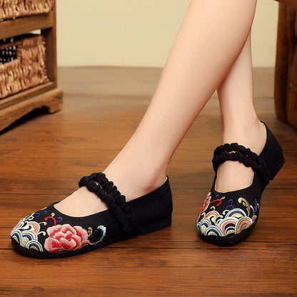 Red Embroidered Cotton Linen Fabric Flat Shoes Lace Up Flat Shoes