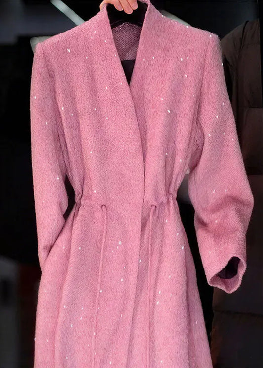 Pink V Neck Sequins Drawstring Coat Fall