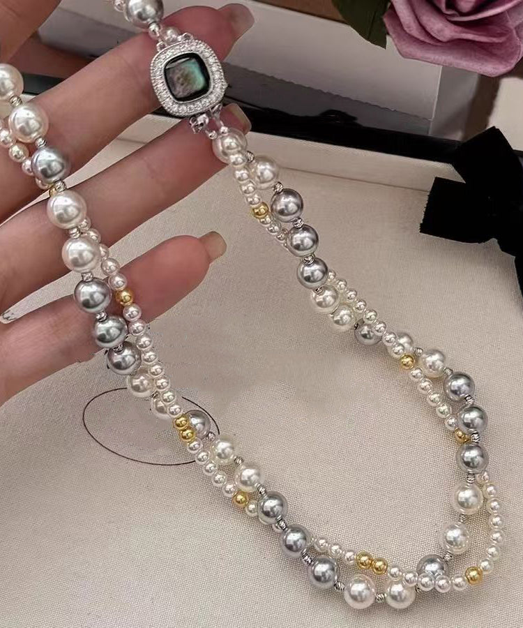 Colorblock Sterling Silver Zircon Double Layer Pearl Square Gratuated Bead Necklace