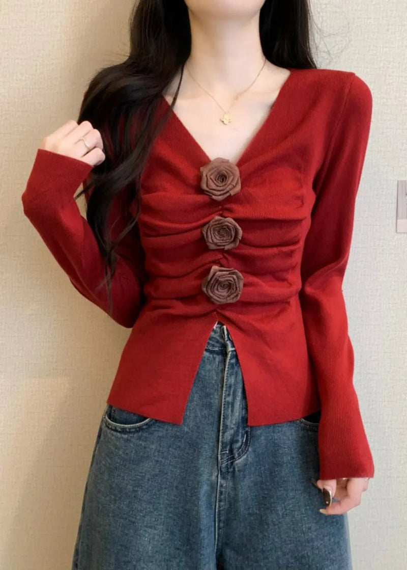Stylish Red Wrinkled Knit Sweater Spring