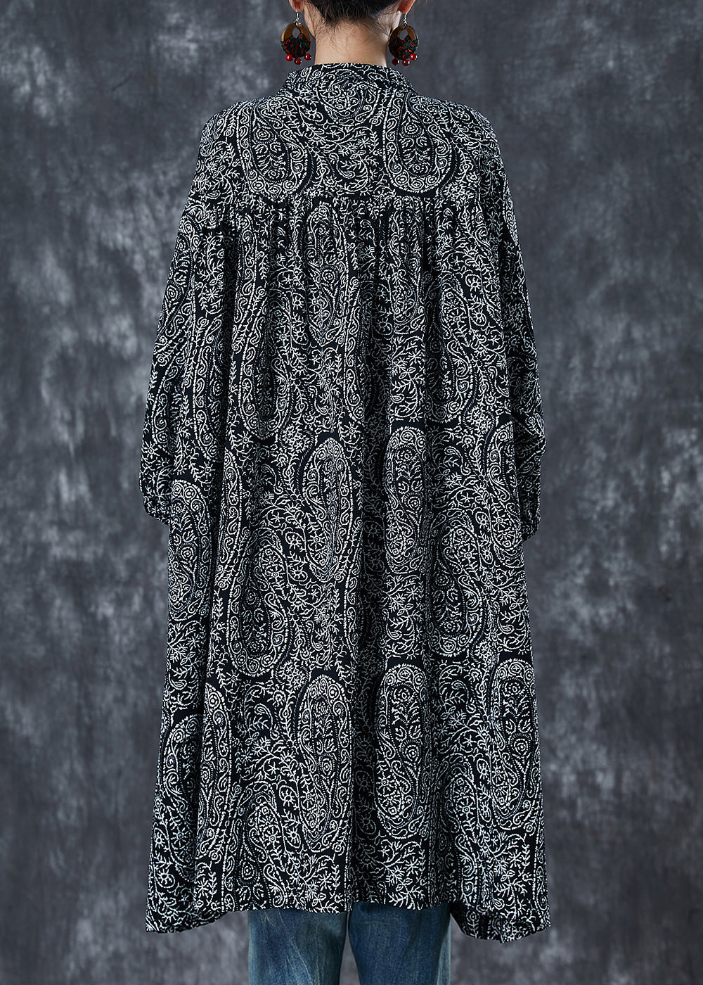 Black Oversized Print Cotton Shirt Dress Spring