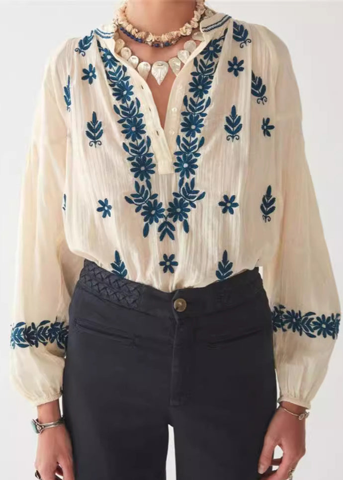 New Beige Embroidered Puff Sleeve Cotton Shirt Top