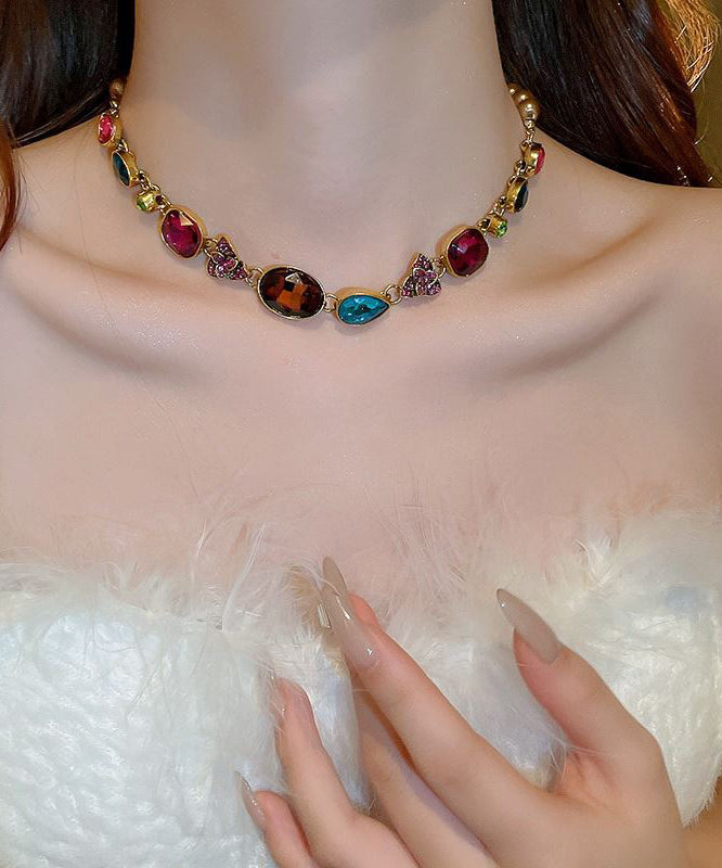 Gold Agate Pearl Zircon Gem Stone Collar Necklace