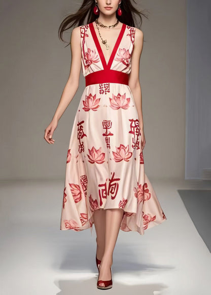 Apricot V Neck Print Chiffon Long Dress Sleeveless