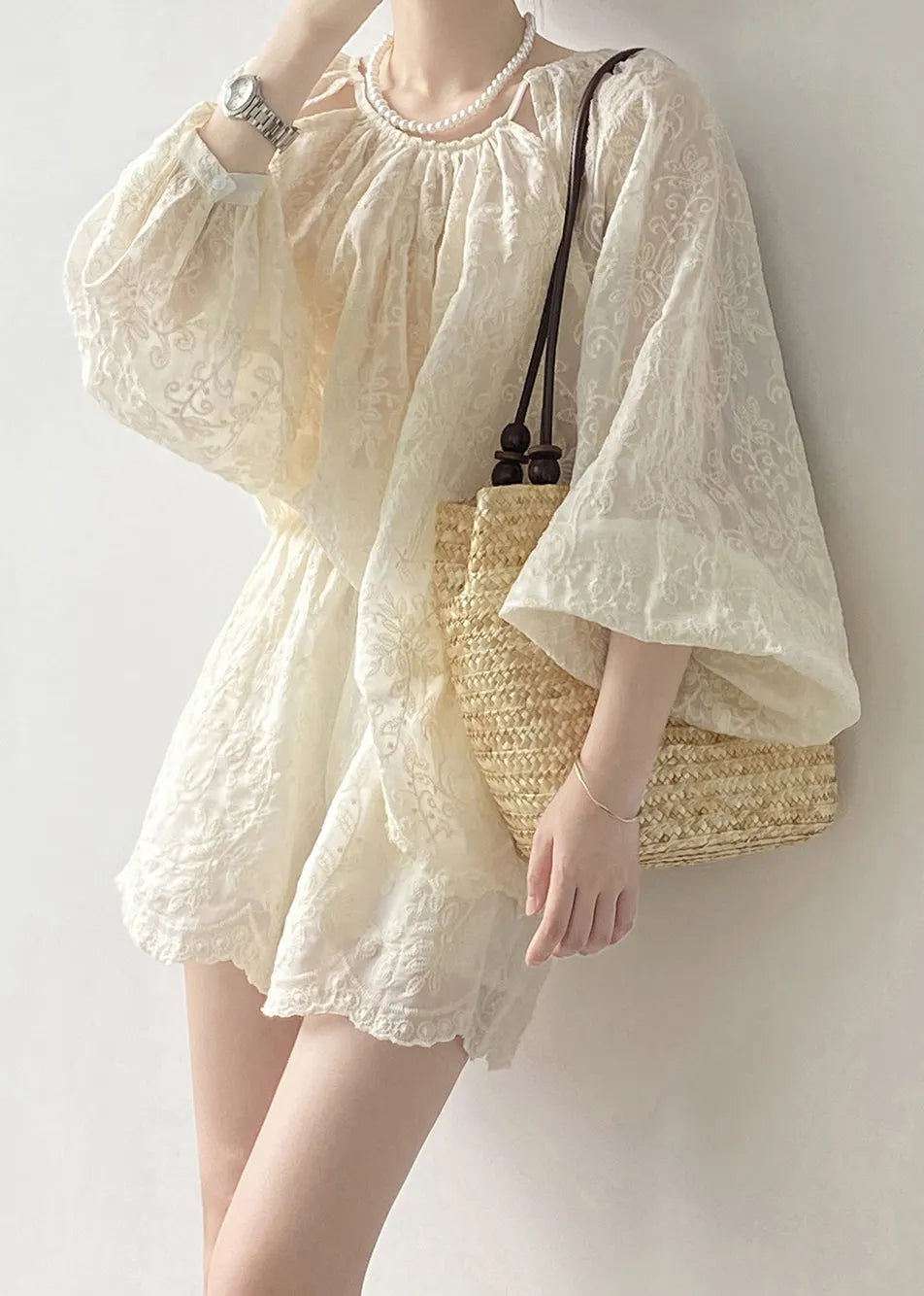 Art Beige Embroidered Tops and Shorts Cotton Two Piece Set Spring