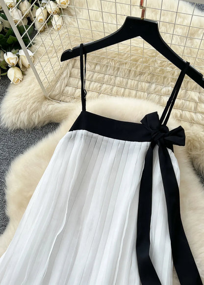 White Bow Patchwork Chiffon Pleated Cami Dress Summer