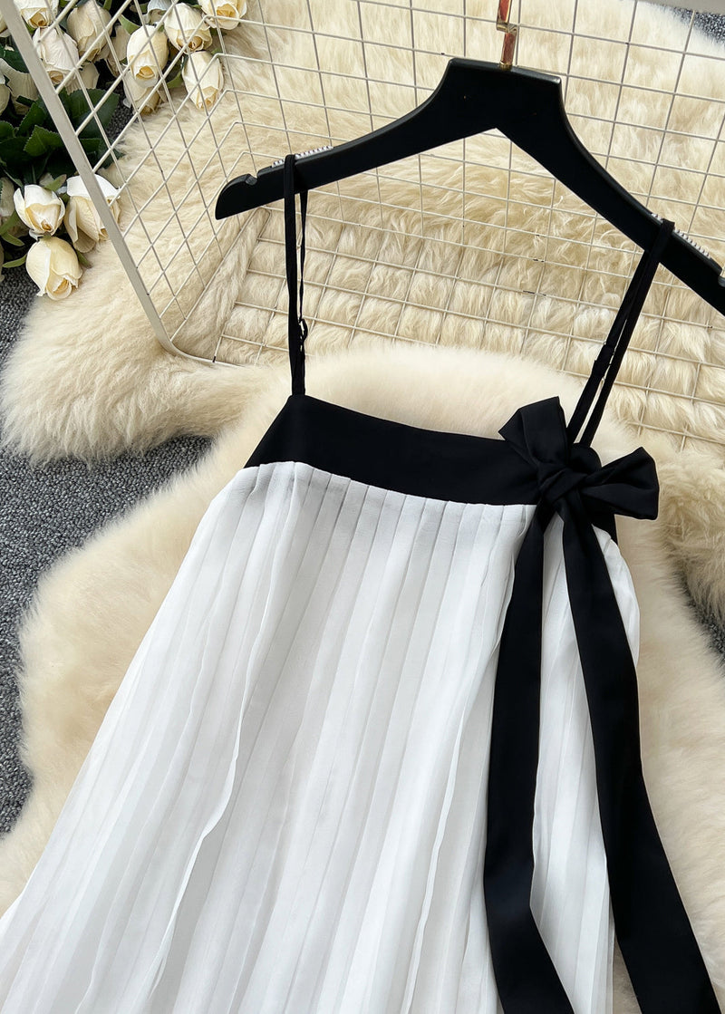 White Bow Patchwork Chiffon Pleated Cami Dress Summer