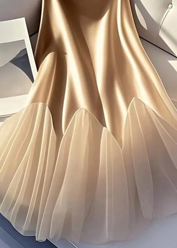 Italian Champagne Tulle Patchwork Silk a Line Skirt Summer
