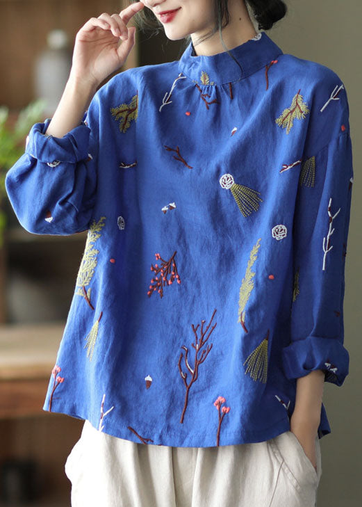 Stylish Yellow Flower Embroidered Retro Linen Blouse Tops Spring