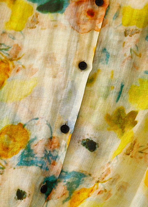 Yellow Button Print Linen Shirt Lantern Sleeve