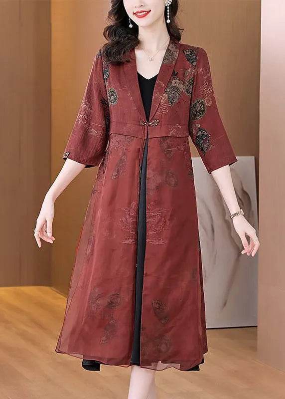 Brick Red Embroideried Silk Cardigans Bracelet Sleeve