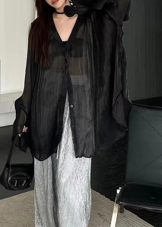 French Black V Neck Button Shirts Tops Long Sleeve