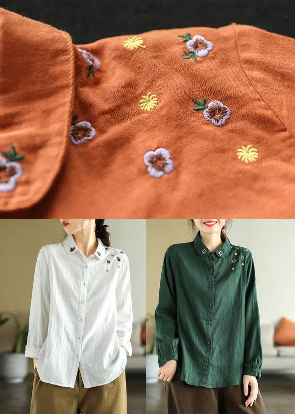 Art White Peter Pan Collar Embroidered Cotton Shirt Spring