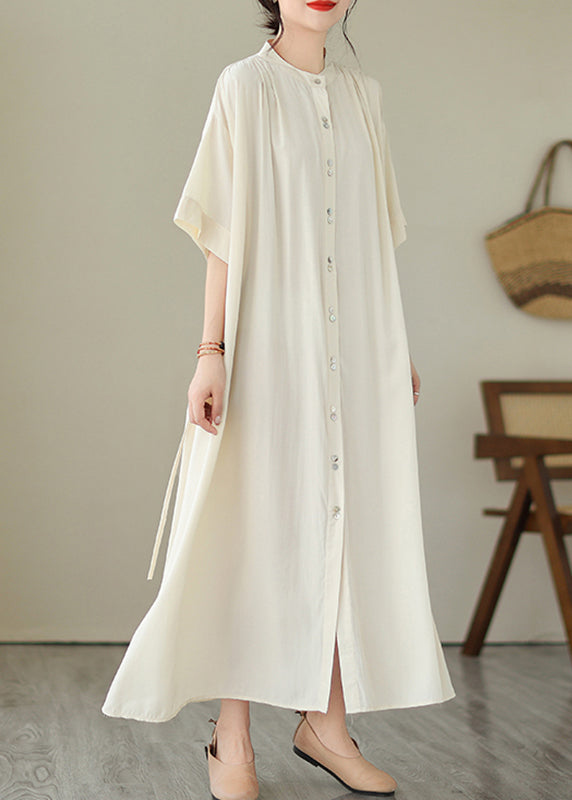 Apricot Tie Waist Long Dress Short Sleeve