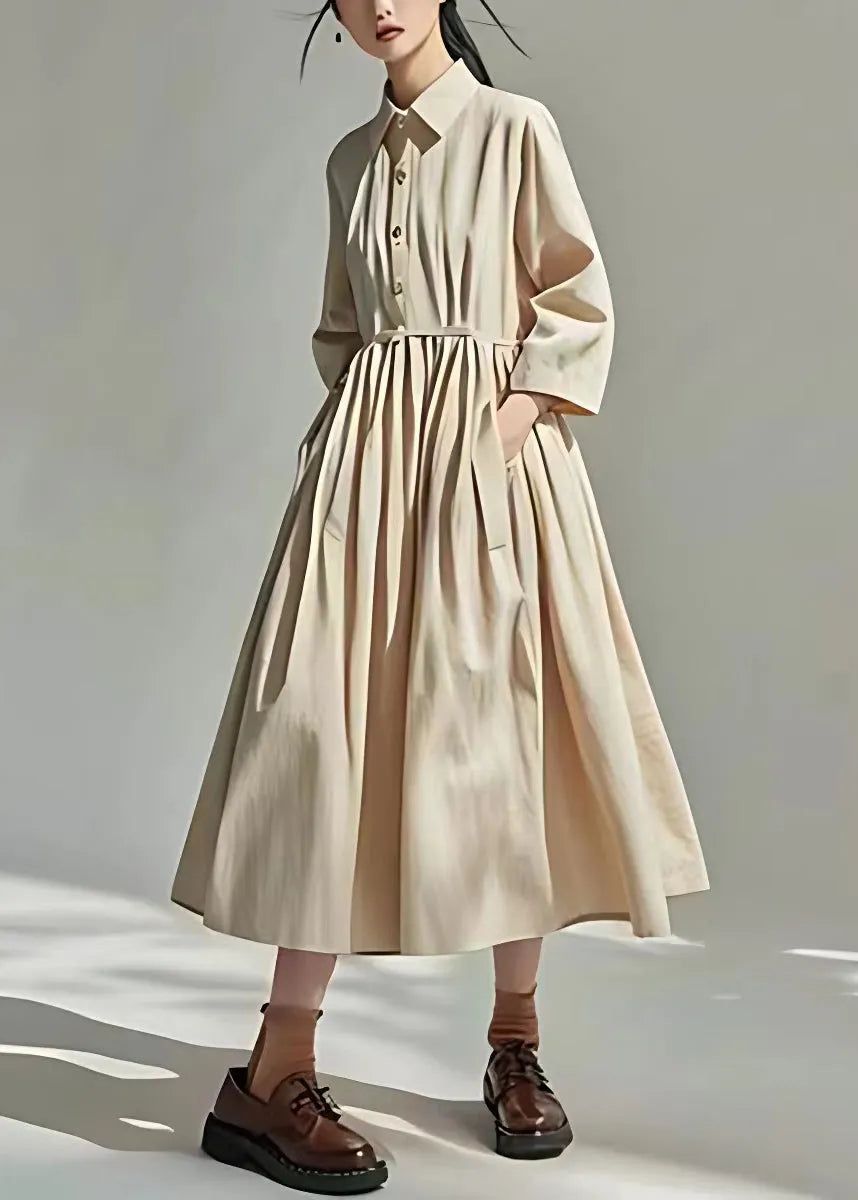 Loose Beige Peter Pan Collar Pockets Wrinkled Cotton Dress Long Sleeve
