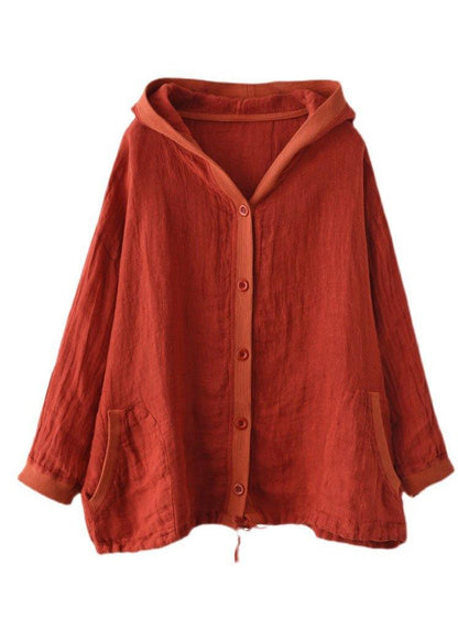 French Red Button Hooded Ramie Long Sleeve Shirt Tops