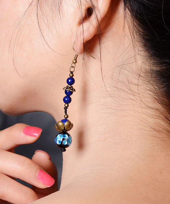 Royal Blue Lotus Gem Stone Copper Drop Earrings