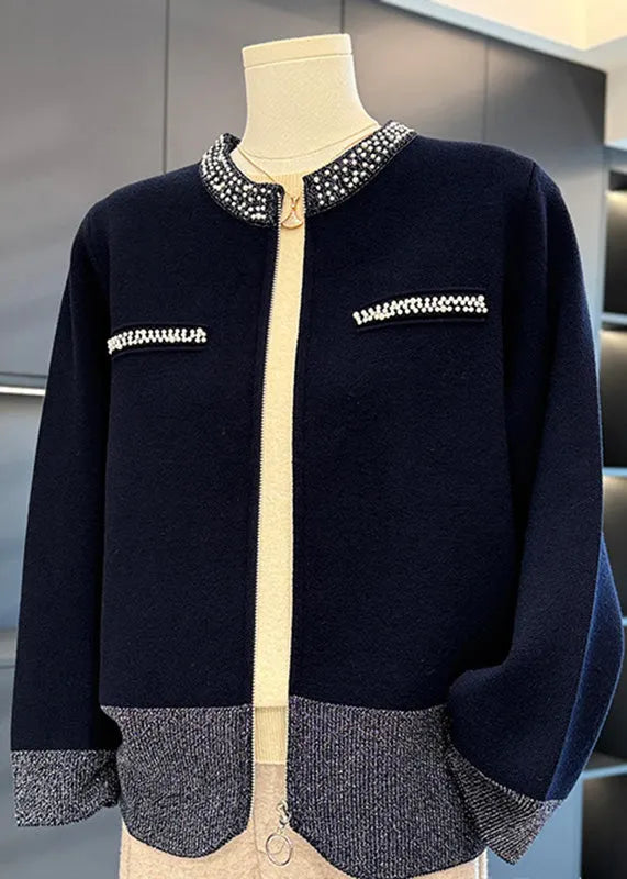Loose Camel Zippered Nail Bead Cotton Knit Coat Fall