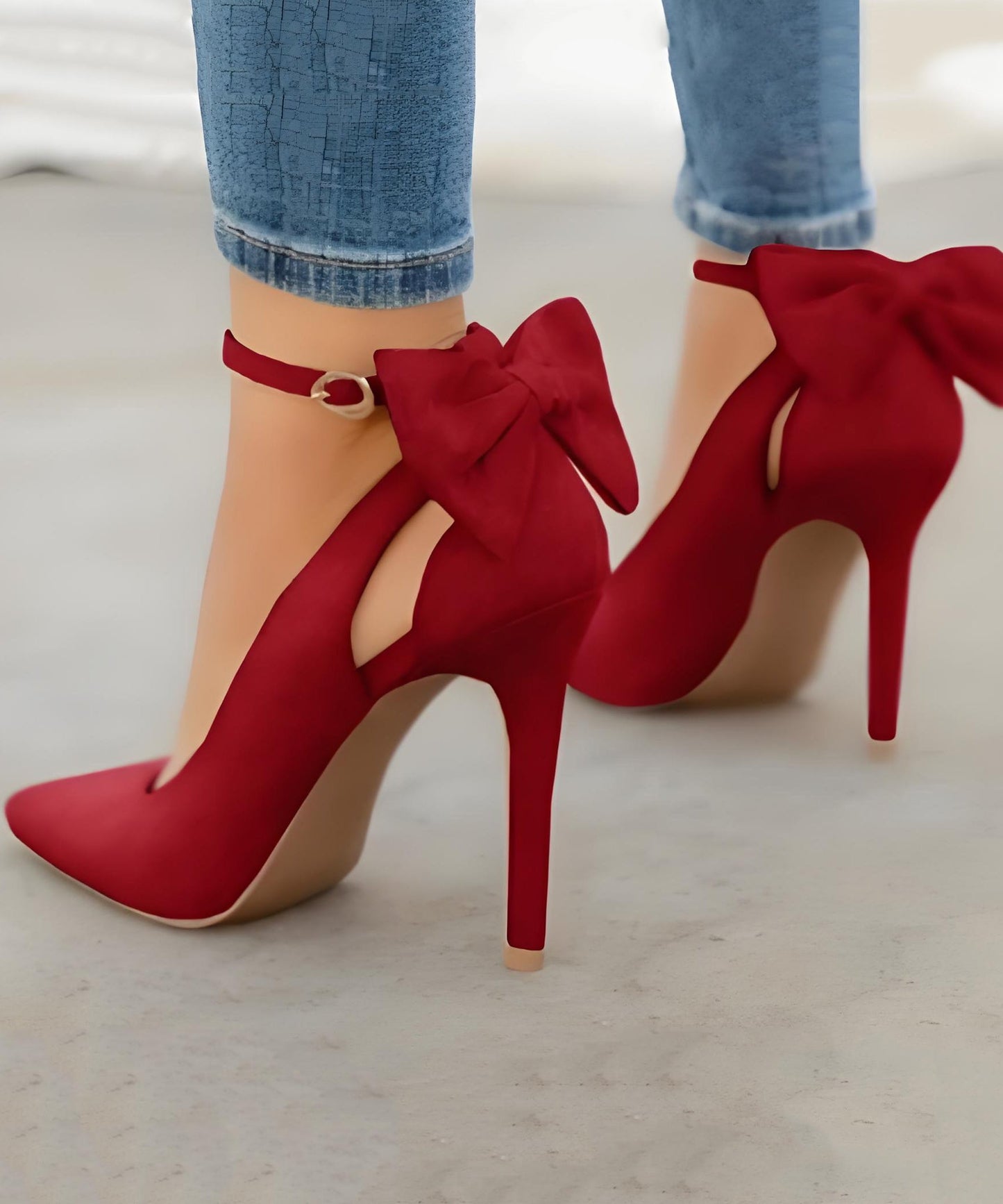 Classy Red Suede Bow Splicing High Heels Pointed Toe