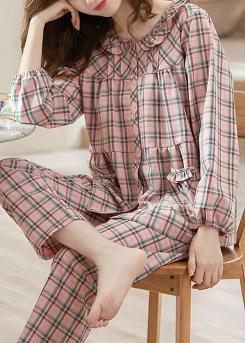 Loose Pink Plaid Pockets Shirts and Pants Cotton Pajamas Two Pieces Set Fall