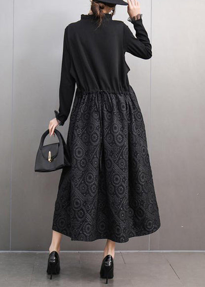 Stylish Black V Neck Print T Shirts and Long Dress Two Pieces Set Spring