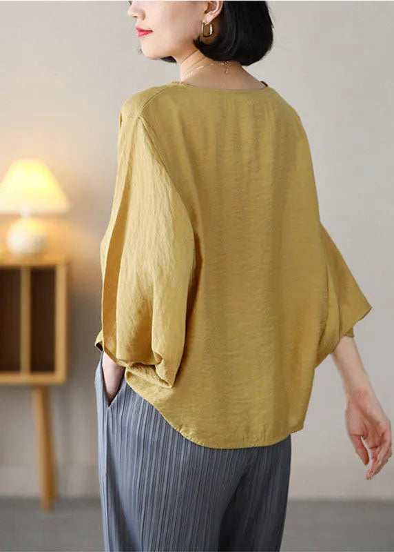 Yellow O-neck Oversized Linen Shirt Top Batwing Sleeve