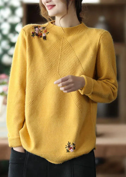 Yellow Embroidered Knit Sweater Winter