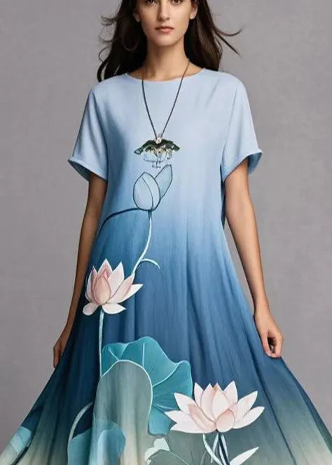 Gradient Blue Lotus Print Exra Large Hem Cotton Dress Summer