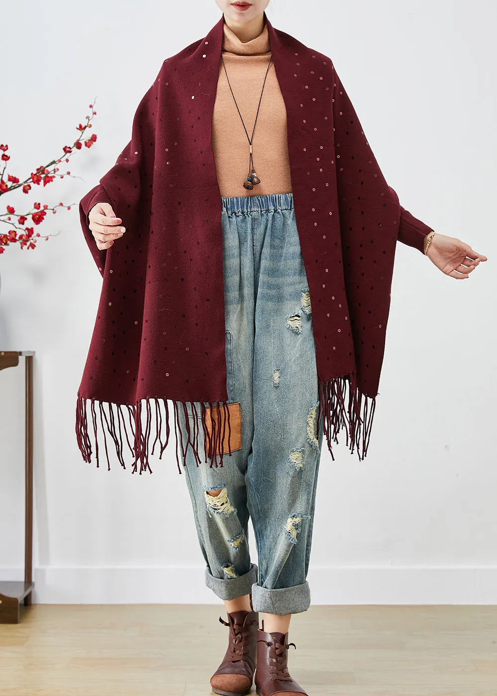 Mulberry Sequins Tasseled Knit Cardigan Winter