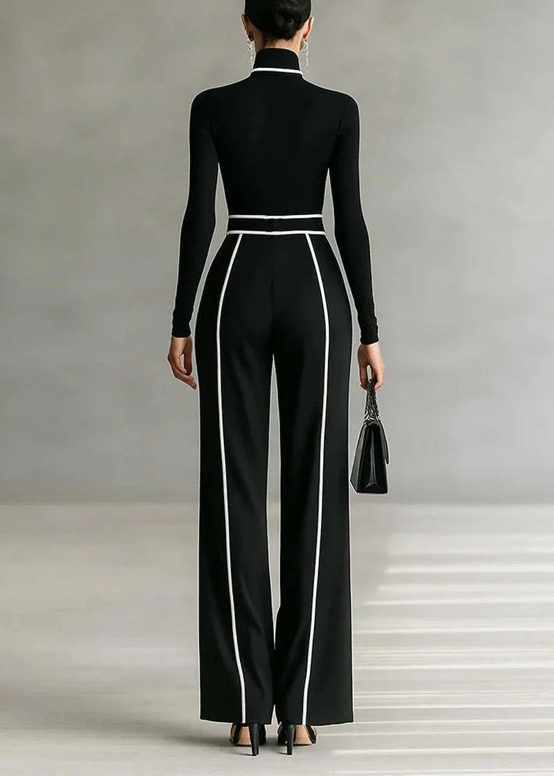 Italian Black Hign Neck Top and Pants Cotton Sets 2 Pieces Spring