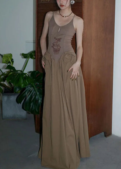 Brown Ruffled Patchwork Cotton Spaghetti Strap Dresses Summer