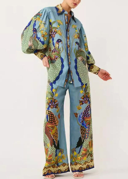 Green Peter Pan Collar Print Shirts and Wide Leg Pants Two Pieces Set Fall