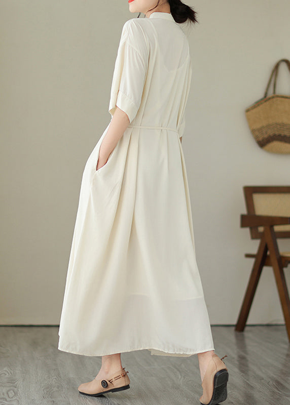 Apricot Tie Waist Long Dress Short Sleeve