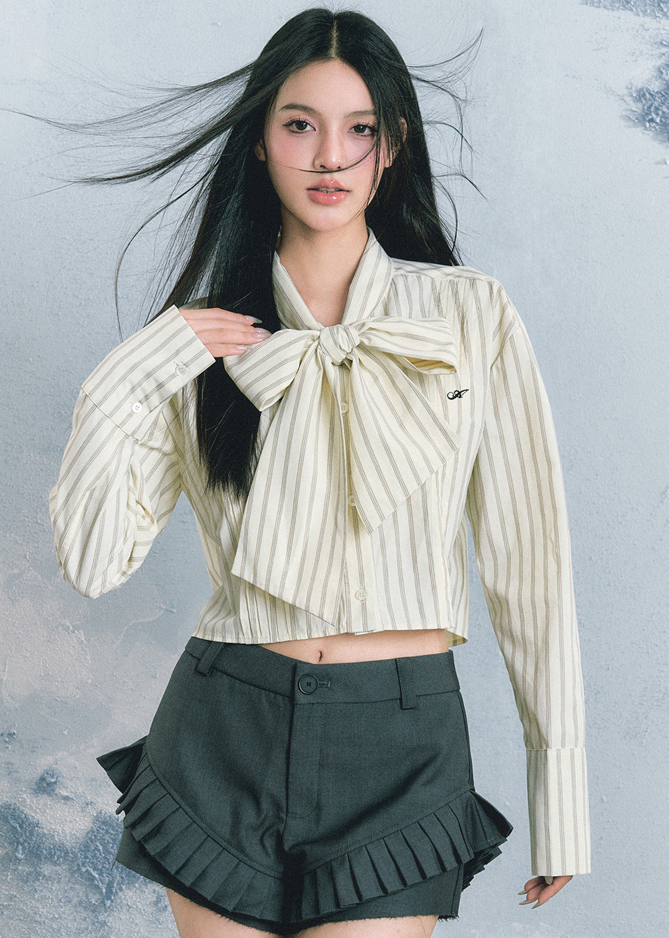 Light Yellow Bow Striped Patchwork Top Fall