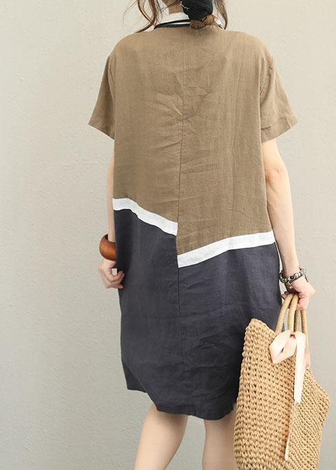 Unique Khaki Linen Dress Lapel Patchwork Cotton Dress