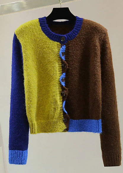 Fitted Colorblock Ruffled Button Thick Cotton Knit Sweater Winter