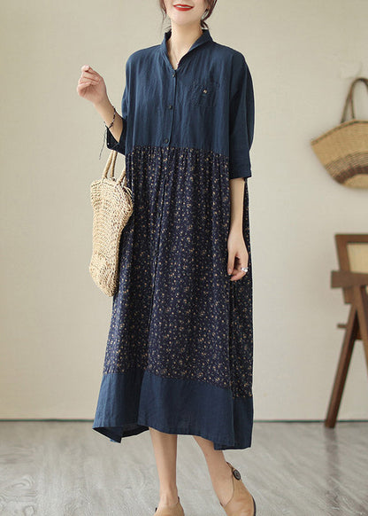 Blue V Neck Print Patchwork Button Cotton Long Dresses Summer