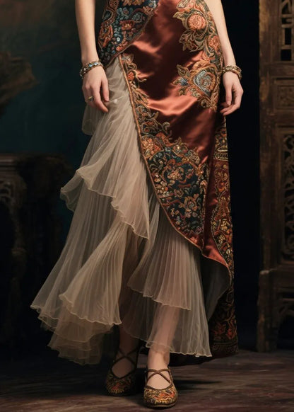 National Style Brown Asymmetrical Patchwork Tulle Silk Dress Summer