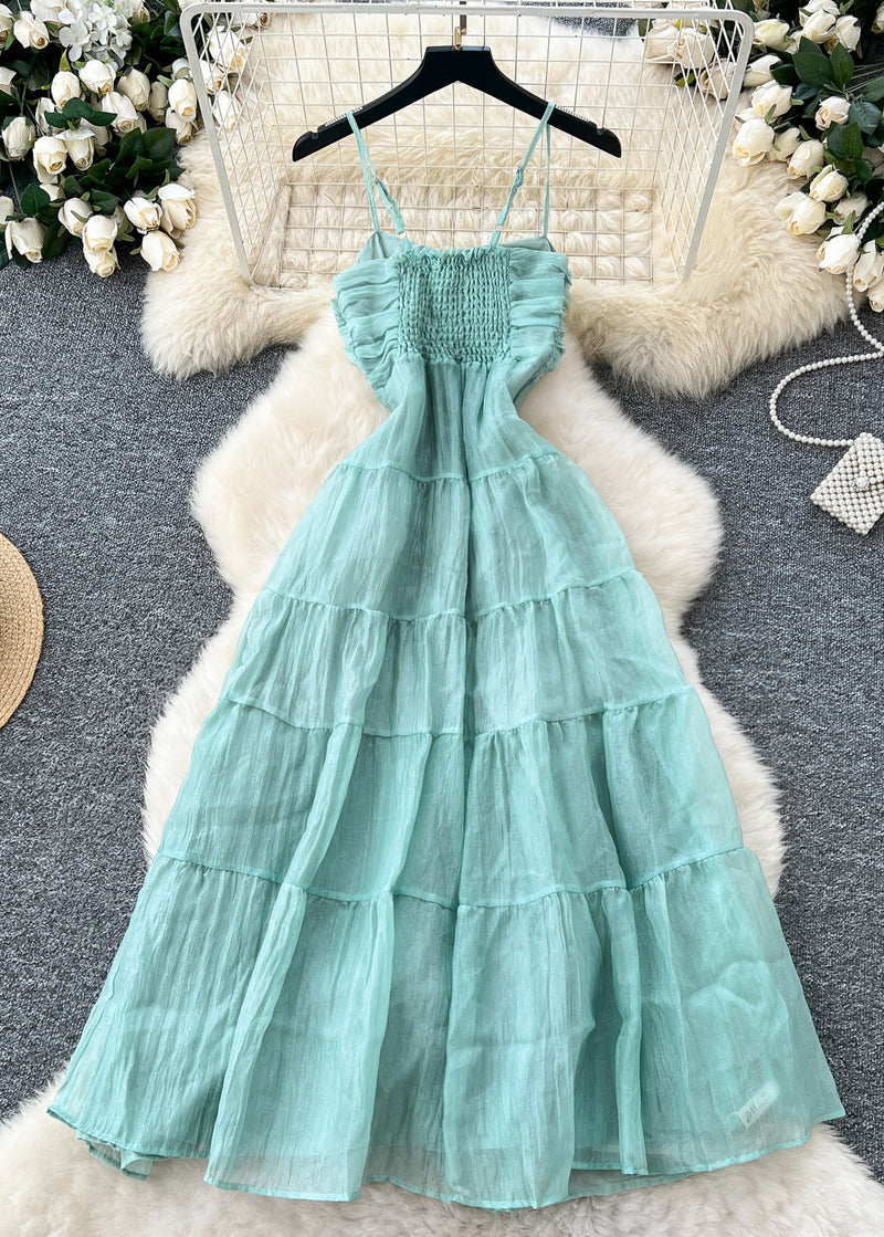 Lake Green Wrinkled Chiffon Spaghetti Strap Dress Summer